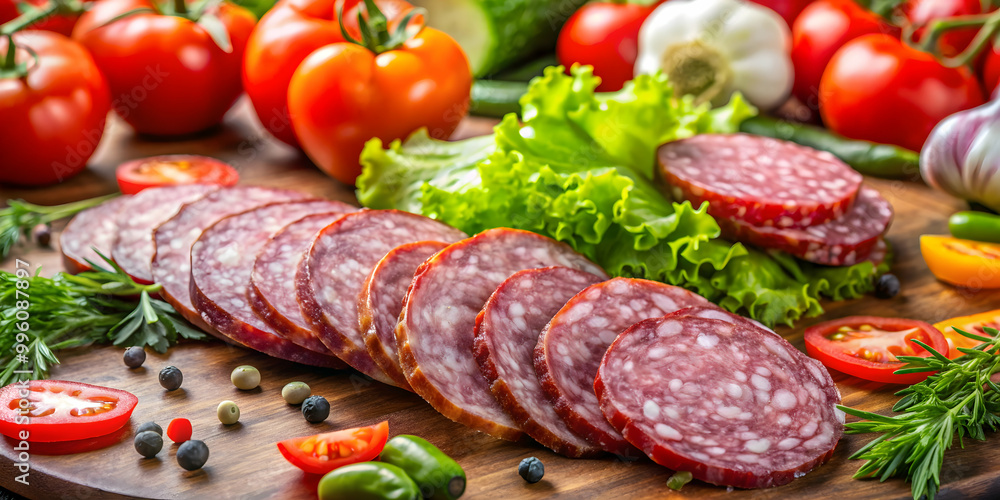 A close-up view of slices of salami surrounded by fresh vegetables , charcuterie, meat, sausage, assortment, colorful A close-up view of slices of salami surrounded by fresh vegetables , charcuterie, meat, sausage, assortment, colorful