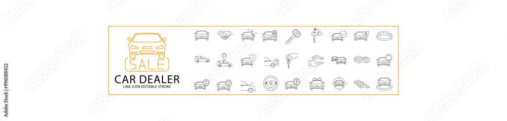 Car Dealer Icon Set. Line Icons. Containing Car, garage, key, Insurance, Etc. Vector Illustration. Editable Stroke. Car Dealer Icon Set. Line Icons. Containing Car, garage, key, Insurance, Etc. Vector Illustration. Editable Stroke.