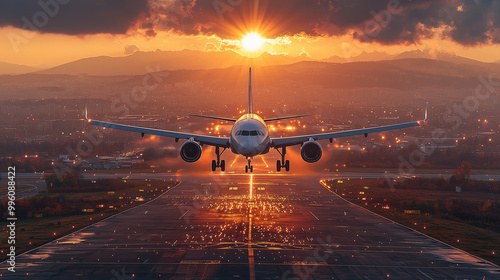 Front view of an airplane landing at the airport with a beautiful sunset in the background. Landscape with a city and the sun on the horizon