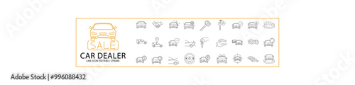 Car Dealer Icon Set. Line Icons. Containing Car, garage, key, Insurance, Etc. Vector Illustration. Editable Stroke.