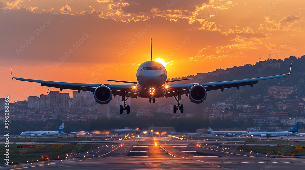 Front view of an airplane landing at the airport with a beautiful sunset in the background. Landscape with a city and the sun on the horizon