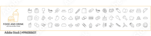 Food And Drink Icon Set. Food Drink Line Icons. Containing pizza, dish, meal, meat, fast food, burger, bread, cake, hamburger, fish, fruit, etc. Vector Illustration. Editable Stroke.