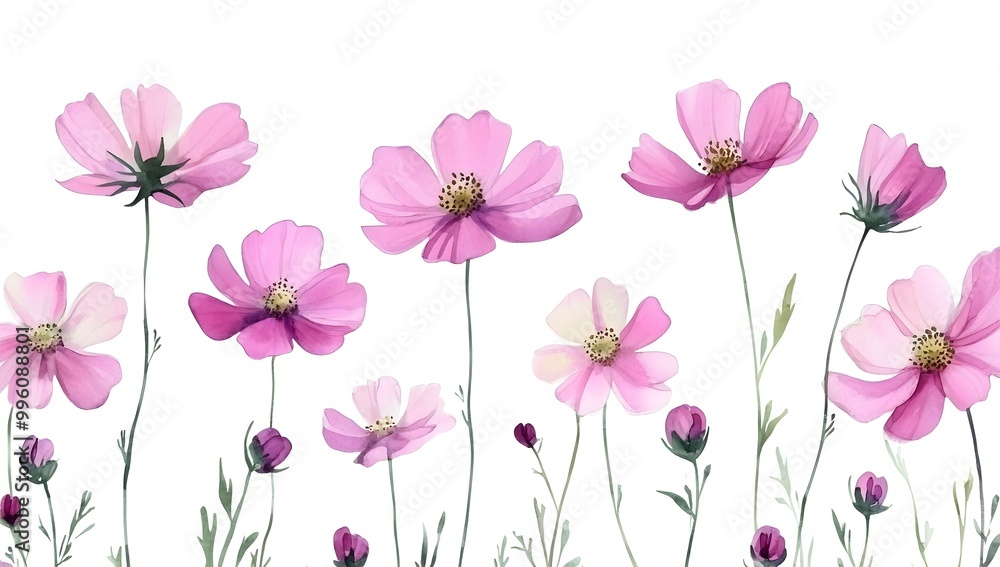 Beautiful pink cosmos flowers with a watercolor painting effect on a white background, Beautiful pink cosmos flowers with a watercolor painting effect on a white background,