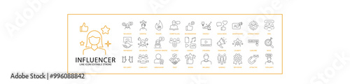 Influencer Icon Set. Influencer Line Icons. Containing  celebrity, storytelling, follower, creator, audience, social, promotion, content, advertisement, etc. vector Illustration. Editable stroke.