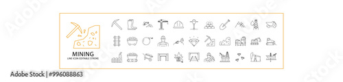 Mining Icon Set. Mining line Icons. Containing fossil, dump, diamond, power, energy, underground, fuel, gold, helmet, jackhammer, machine, equipment, etc. Vector Illustration. Editable Stroke.