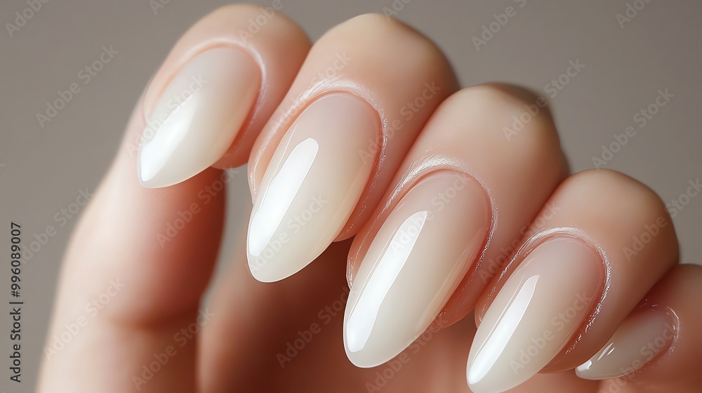 Close up of nude almond shaped manicured nails. Close up of nude almond shaped manicured nails.