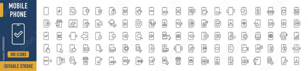 Mobile phone web icons in line style. Smartphone, telephone, call, chat, voice, message, mail, pay, pin, live, collection. Vector illustration. Mobile phone web icons in line style. Smartphone, telephone, call, chat, voice, message, mail, pay, pin, live, collection. Vector illustration.