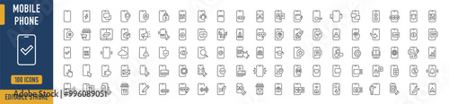 Mobile phone web icons in line style. Smartphone, telephone, call, chat, voice, message, mail, pay, pin, live, collection. Vector illustration.