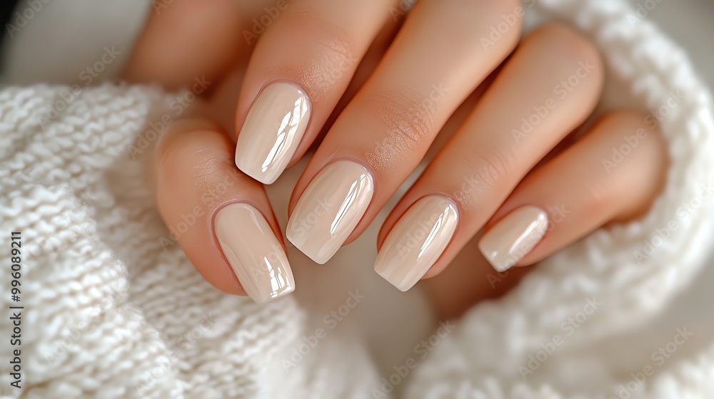 Naklejka premium Close-up of a hand with a nude manicure.