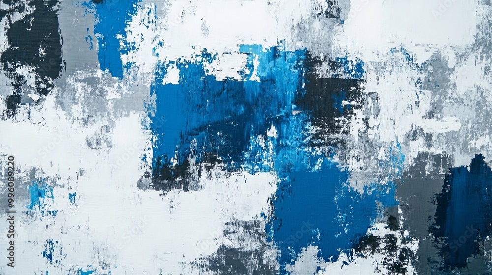 Abstract blue and gray painting on a white canvas showcasing vibrant textures Abstract blue and gray painting on a white canvas showcasing vibrant textures