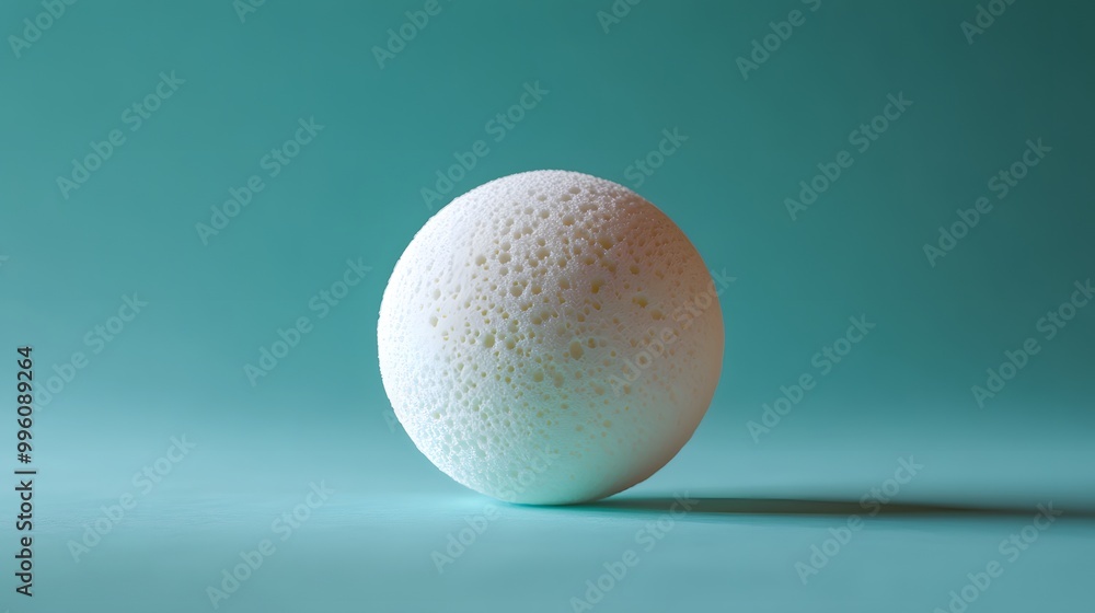 White sponge ball set against a turquoise background, highlighting its textured surface and spherical shape in a minimalist composition with modern still life elements. White sponge ball set against a turquoise background, highlighting its textured surface and spherical shape in a minimalist composition with modern still life elements.
