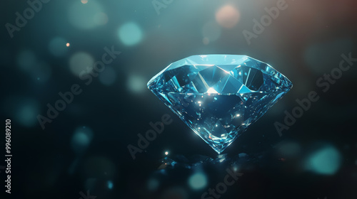 stunning blue diamond sparkles against dark gradient background, surrounded by soft bokeh lights that enhance its brilliance and allure
