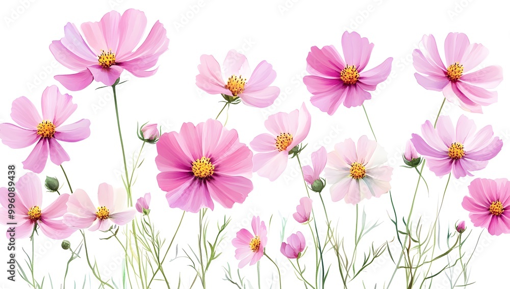 Beautiful pink cosmos flowers with a watercolor painting effect on a white background, Beautiful pink cosmos flowers with a watercolor painting effect on a white background,