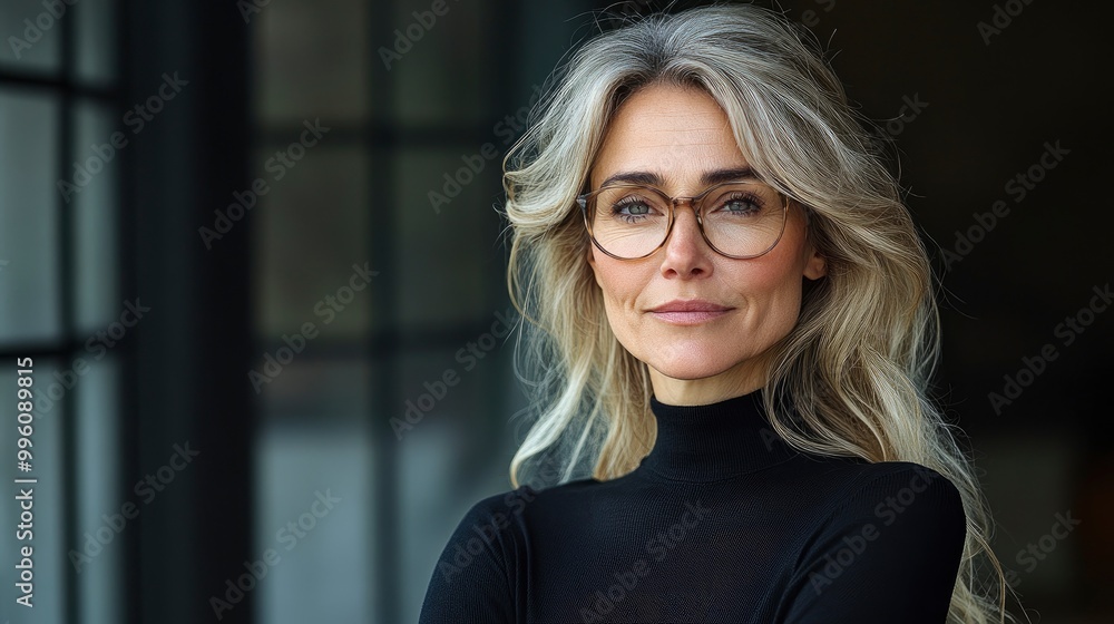 Confident Woman with Grey Hair and Glasses Looking at Camera Confident Woman with Grey Hair and Glasses Looking at Camera