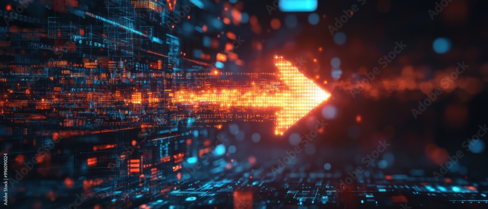 Dynamic digital arrow representing progress in technology, bright colors with an abstract background. Dynamic digital arrow representing progress in technology, bright colors with an abstract background.