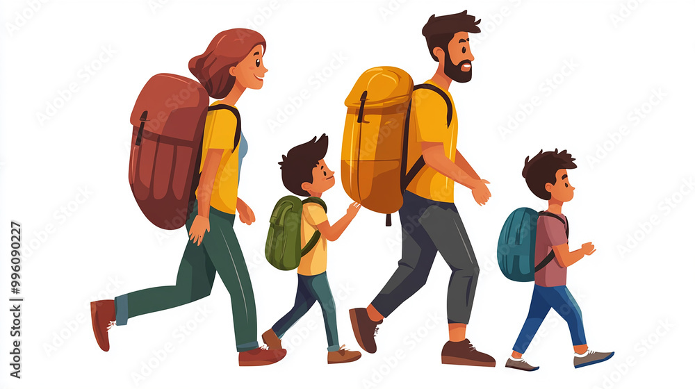 A family of four, with two young boys, are walking in a line while carrying backpacks. A family of four, with two young boys, are walking in a line while carrying backpacks.