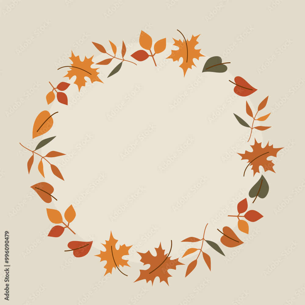 Nice autumn frame with colourful leaves. Roung wreath on a gray background. Vector template for greeting card or invitation. Nice autumn frame with colourful leaves. Roung wreath on a gray background. Vector template for greeting card or invitation.