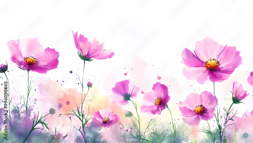 Beautiful pink cosmos flowers with a watercolor painting effect on a white background, Beautiful pink cosmos flowers with a watercolor painting effect on a white background,