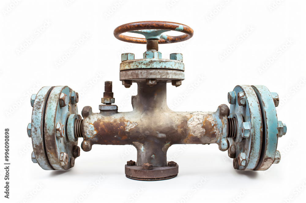 Old rusty industrial valve with a handwheel, controlling the flow of liquid or gas, isolated on a white background Old rusty industrial valve with a handwheel, controlling the flow of liquid or gas, isolated on a white background