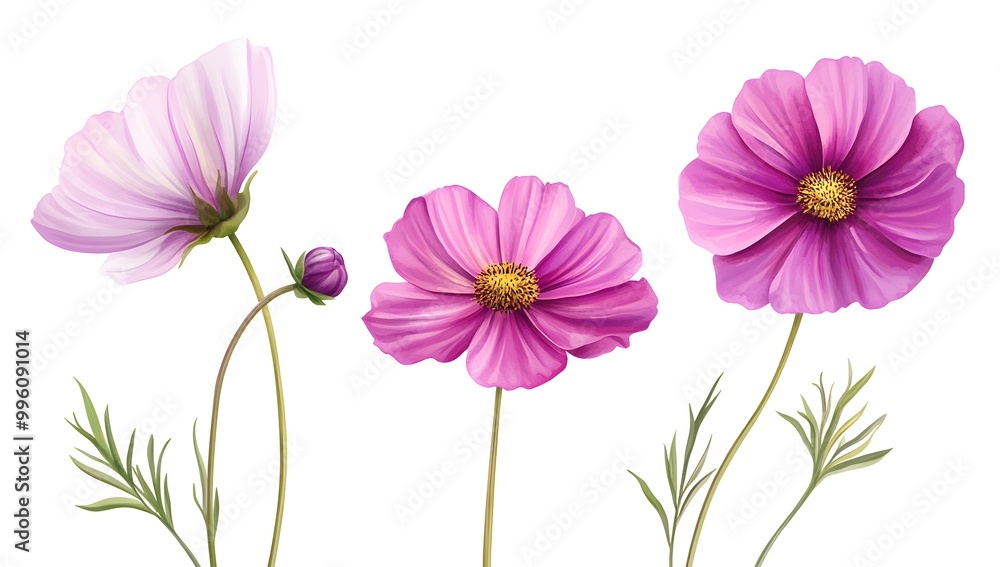 Beautiful pink cosmos flowers with a watercolor painting effect on a white background, Beautiful pink cosmos flowers with a watercolor painting effect on a white background,