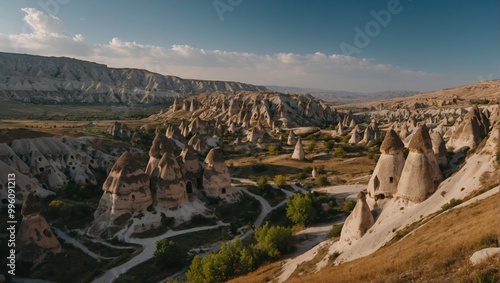 Beautiful dawn in Cappadocia with colorful balloons rising above the rugged terrain