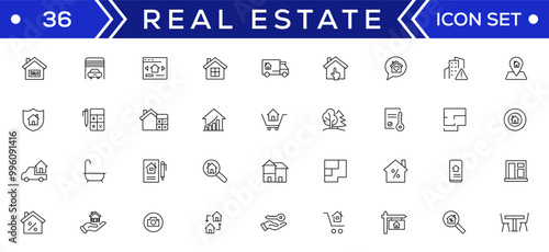 Real Estate minimal thin line web icon set. Included the icons as realty, property, mortgage, home loan and more. Outline icons collection