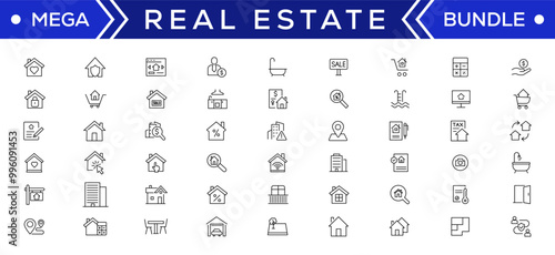 Real Estate minimal thin line web icon set. Included the icons as realty, property, mortgage, home loan and more. Outline icons collection