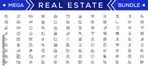 Real Estate minimal thin line web icon set. Included the icons as realty, property, mortgage, home loan and more. Outline icons collection