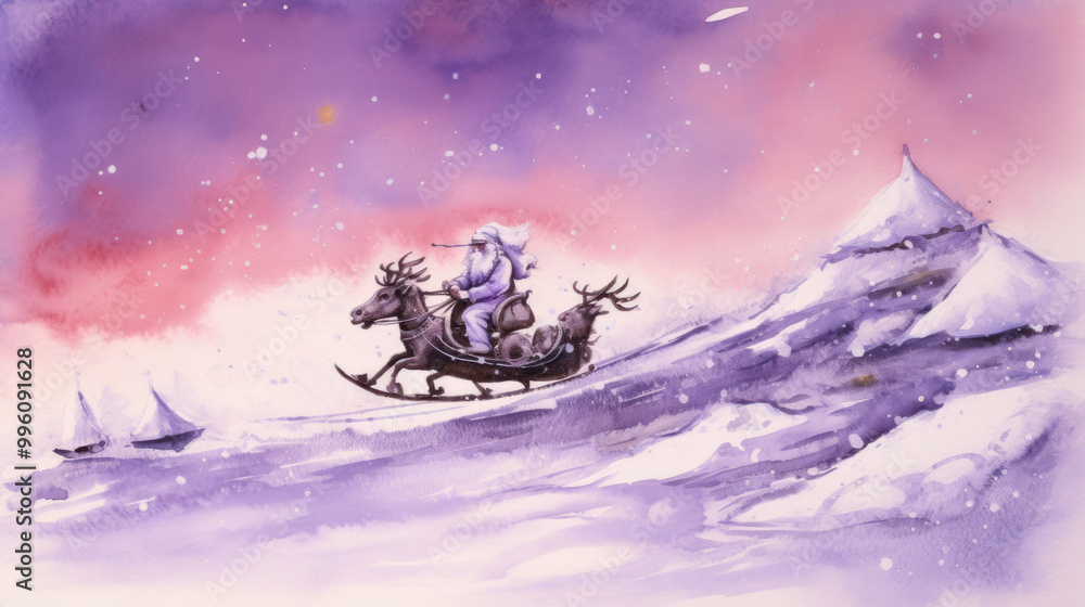 Watercolor of Santa Claus riding his sleigh on purple background Watercolor of Santa Claus riding his sleigh on purple background