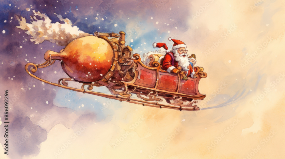 Watercolor of Santa Claus riding his sleigh on scarlet background Watercolor of Santa Claus riding his sleigh on scarlet background