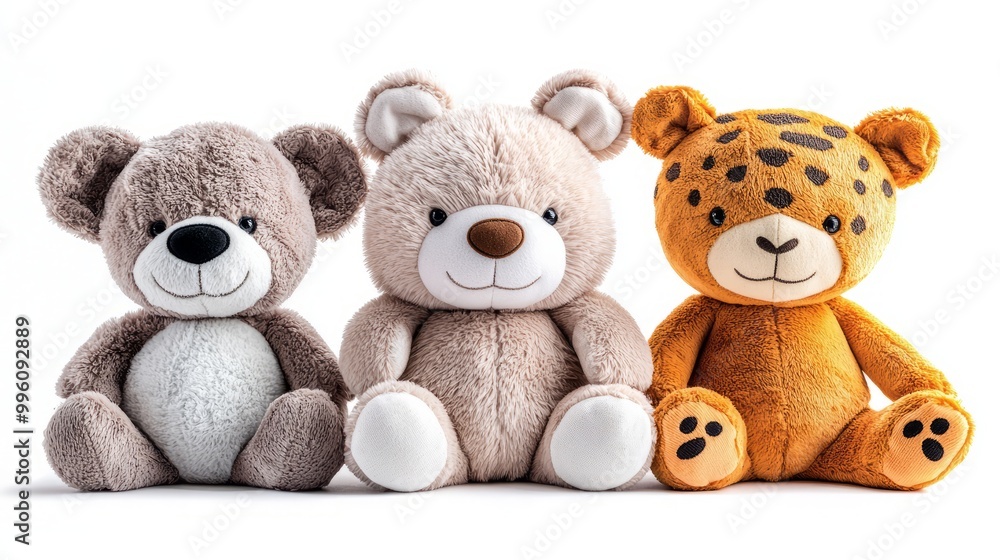 Cute stuffed animals lined up on white background Cute stuffed animals lined up on white background