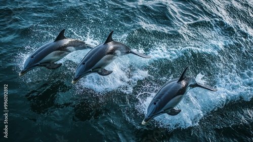 A group of dolphins coordinating their efforts as a natural transport agency in the ocean photo