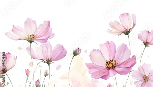 Beautiful pink cosmos flowers with a watercolor painting effect on a white background,