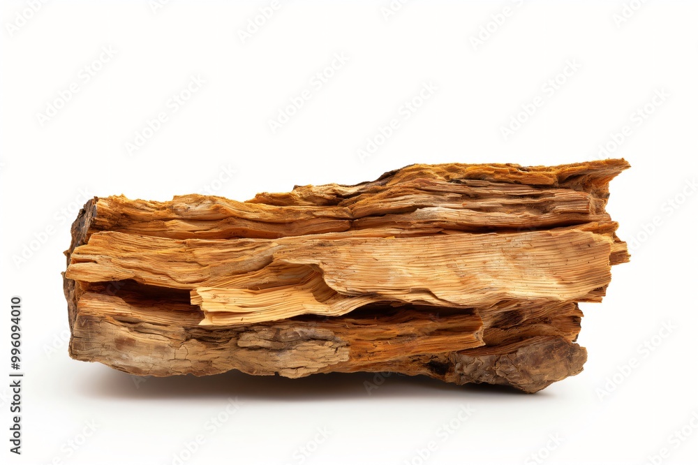 Piece of wood isolated on a white background showing its texture and grain, perfect for rustic and natural designs Piece of wood isolated on a white background showing its texture and grain, perfect for rustic and natural designs
