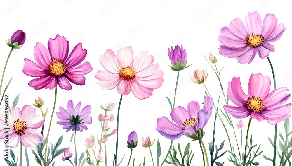 Beautiful pink cosmos flowers with a watercolor painting effect on a white background, Beautiful pink cosmos flowers with a watercolor painting effect on a white background,