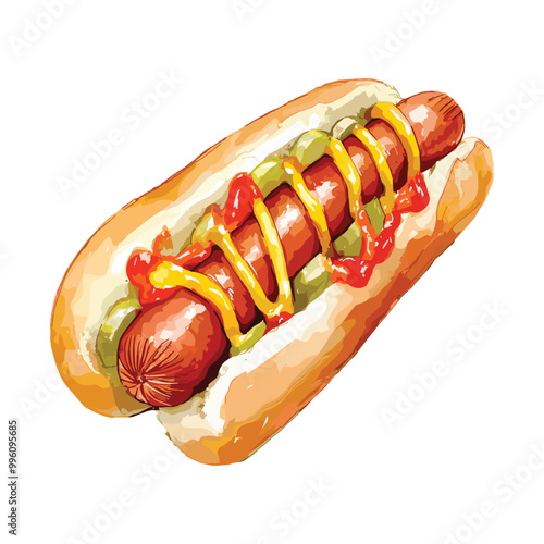 hotdog in watercolor illustration style, isolated vector on white background