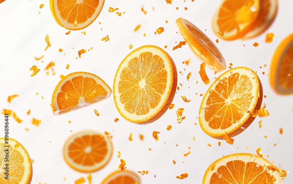 floated slices of orange falling on a white background floated slices of orange falling on a white background
