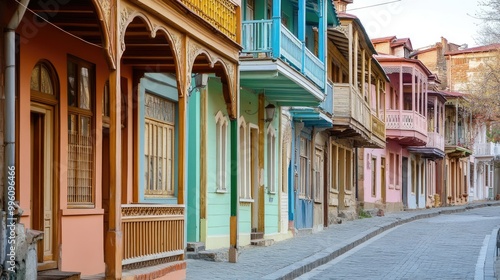 The colorful houses of Tbilisi Old Town, with their wooden balconies and narrow, cobblestone streets.