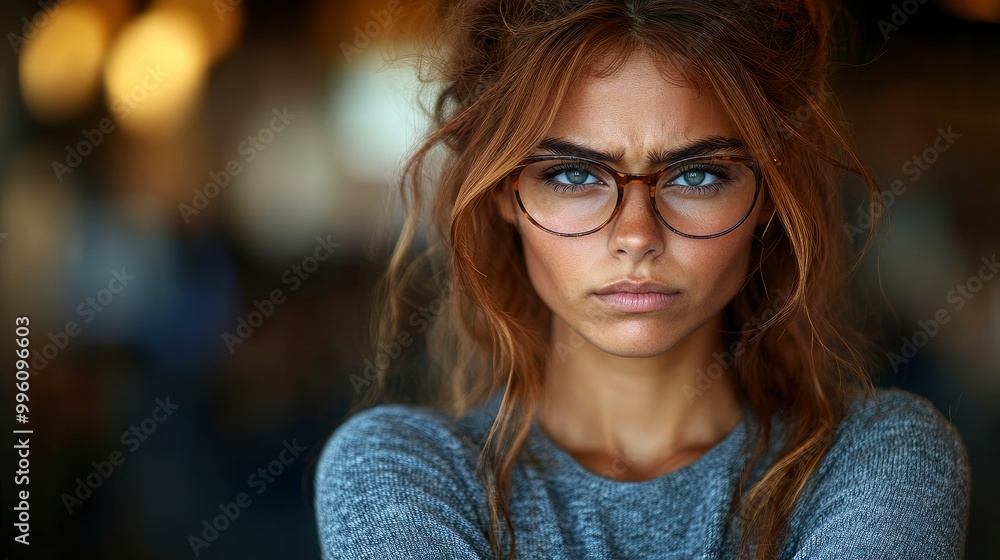 Close-up Portrait of a Young Woman with Glasses, Looking Intensely at the Camera Close-up Portrait of a Young Woman with Glasses, Looking Intensely at the Camera