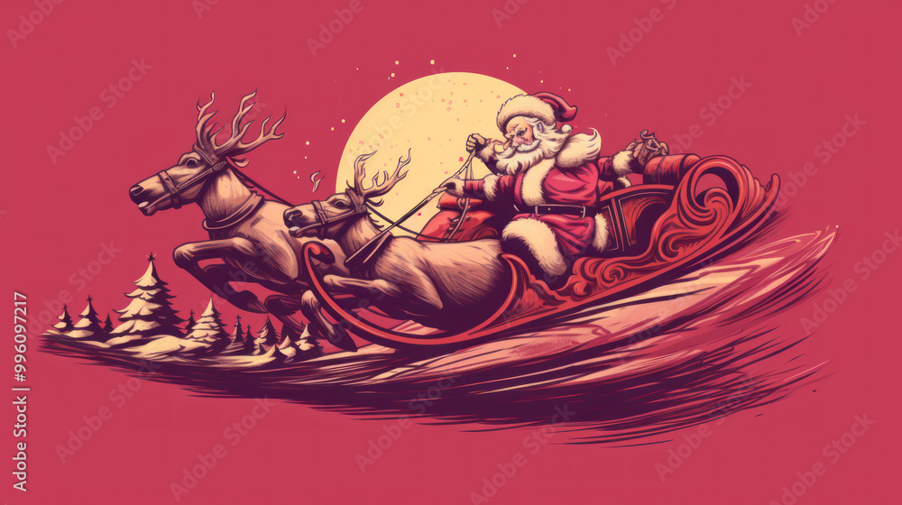 Fototapeta premium Illustration of Santa Claus riding on his sleigh on a dark pink background