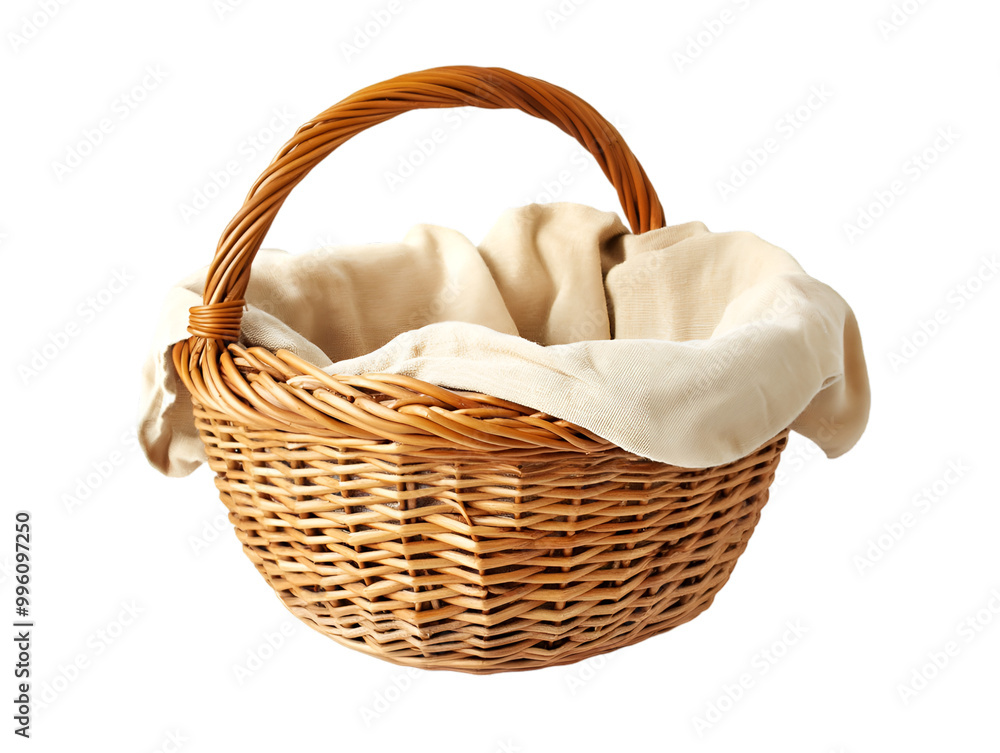 A brown wicker basket with a cloth A brown wicker basket with a cloth