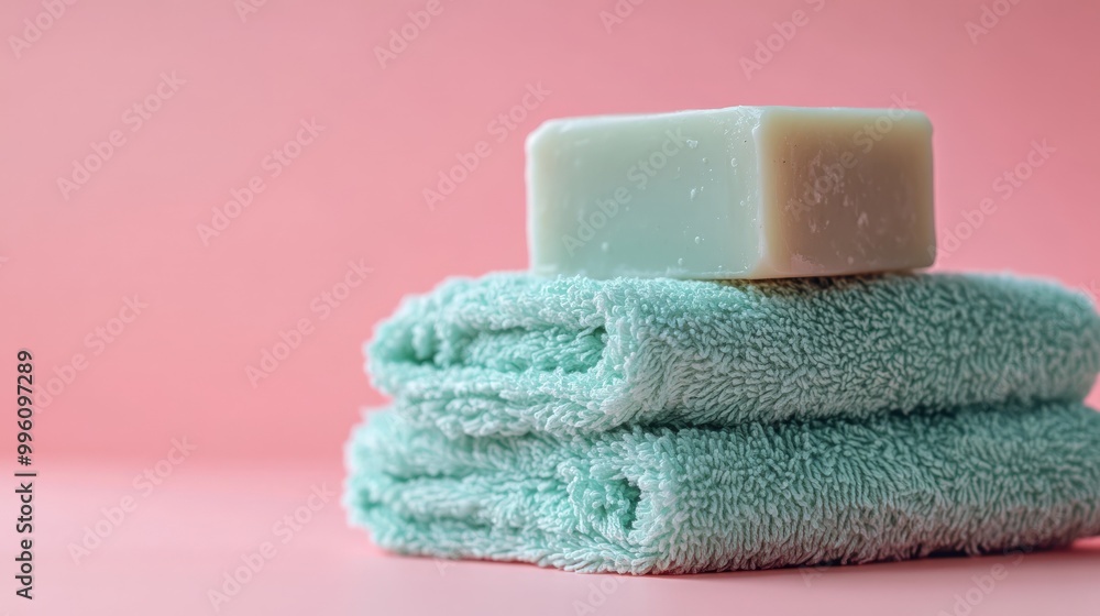 A stack of two fluffy green towels with a bar of soap on top, against a pink background. A stack of two fluffy green towels with a bar of soap on top, against a pink background.