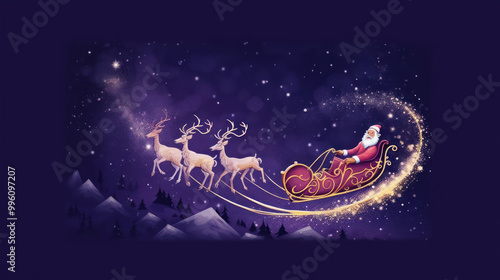 Illustration of Santa Claus riding on his sleigh on a dark purple background