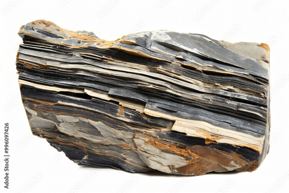 Piece of phosphate rock isolated on a white background, showing layers of sedimentation Piece of phosphate rock isolated on a white background, showing layers of sedimentation