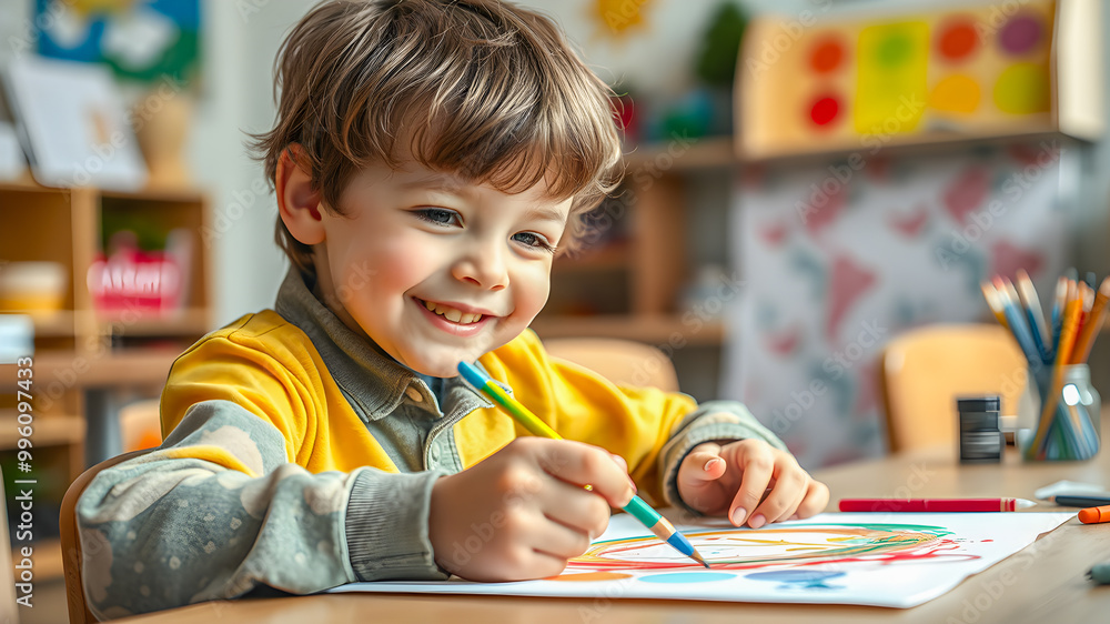 Happy school moment with first grader little boy multicolor painting a white paper. Colorful closeup portrait with paintbrush creative art and craft class at school. Cute boy drawing. Generative AI Happy school moment with first grader little boy multicolor painting a white paper. Colorful closeup portrait with paintbrush creative art and craft class at school. Cute boy drawing. Generative AI