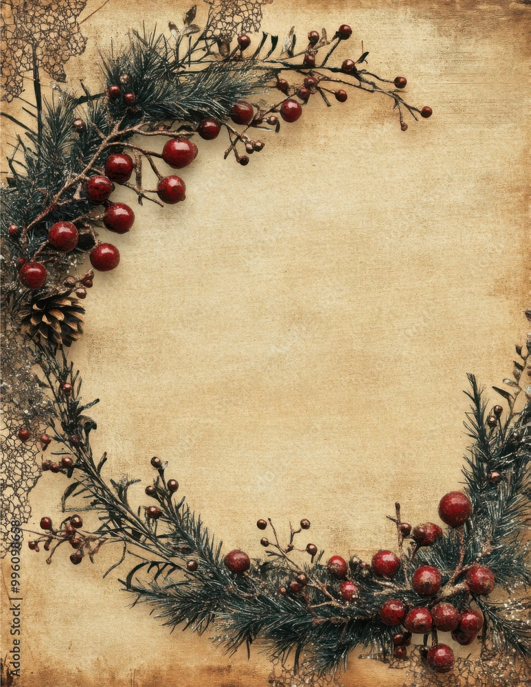 Festive winter wreath with holly and berries on a vintage holiday background
Festive winter wreath with holly and berries on a vintage holiday background
