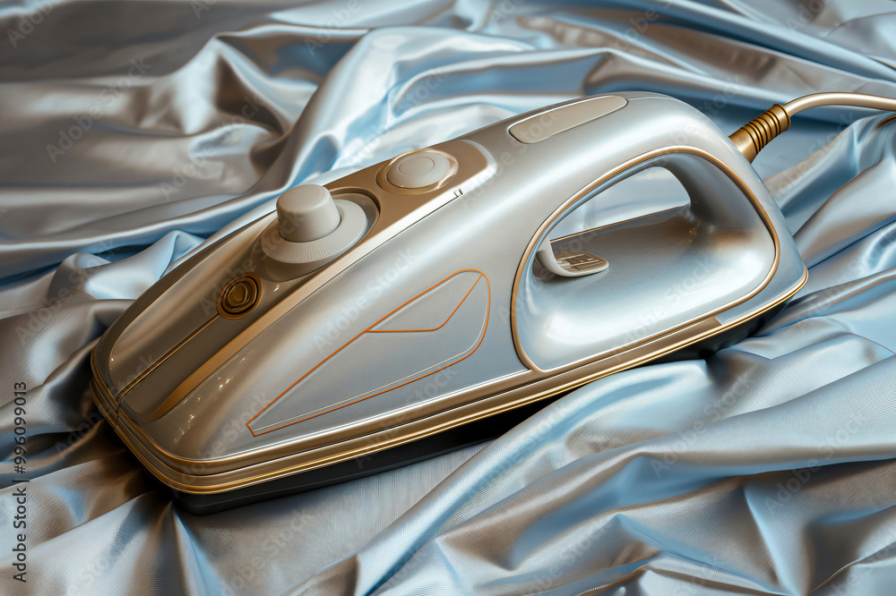 Modern electric iron is sitting on delicate blue silk fabric, ready for ironing and wrinkle removal Modern electric iron is sitting on delicate blue silk fabric, ready for ironing and wrinkle removal