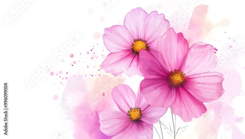 Beautiful pink cosmos flowers with a watercolor painting effect on a white background,