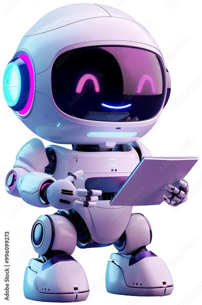 3D character icon of a full-body PC computer with robotic arms and legs, standing next to a product stand 3D character icon of a full-body PC computer with robotic arms and legs, standing next to a product stand