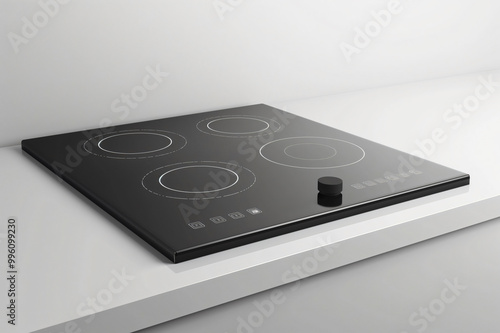 Sleek black induction cooktop with touch controls resting on a white countertop